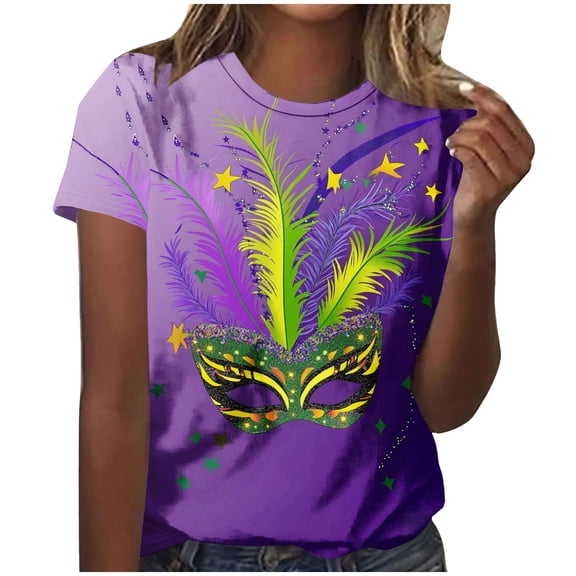 QQAMB Mardi Gras Shirts for Women Trendy Crewneck Short Sleeve Carnival Tee Blouses Funny Gifts Party T-Shirts Purple 3XL