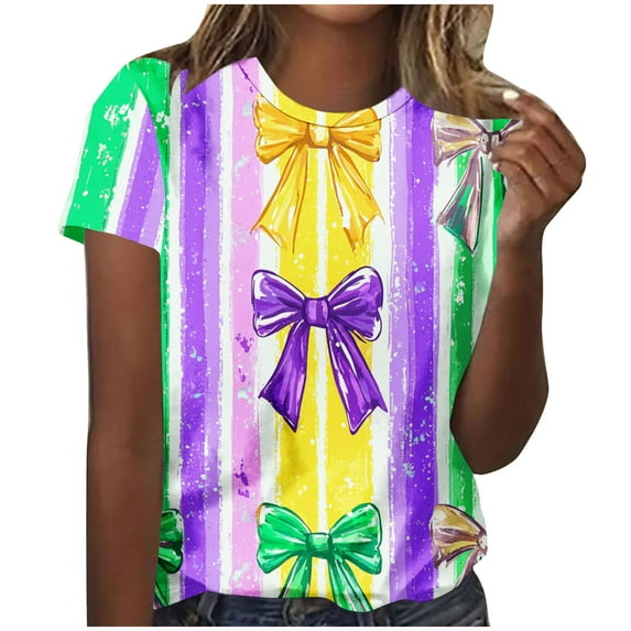 QQAMB Mardi Gras Shirts for Women Trendy Crewneck Short Sleeve Carnival Tee Blouses Funny Gifts Party T-Shirts Yellow XL