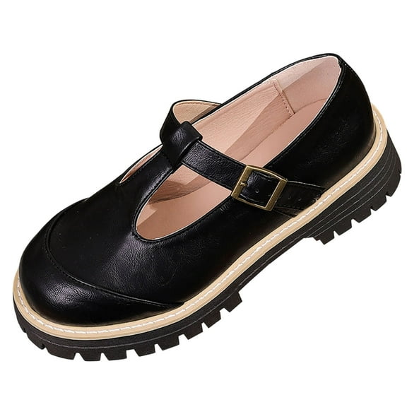 QQAMB Mary Jane Shoes Women Leather Round Toe Flats Non-Slip Ankle Buckle Strap Casual Dressy Cosplay Party School Work Shoes