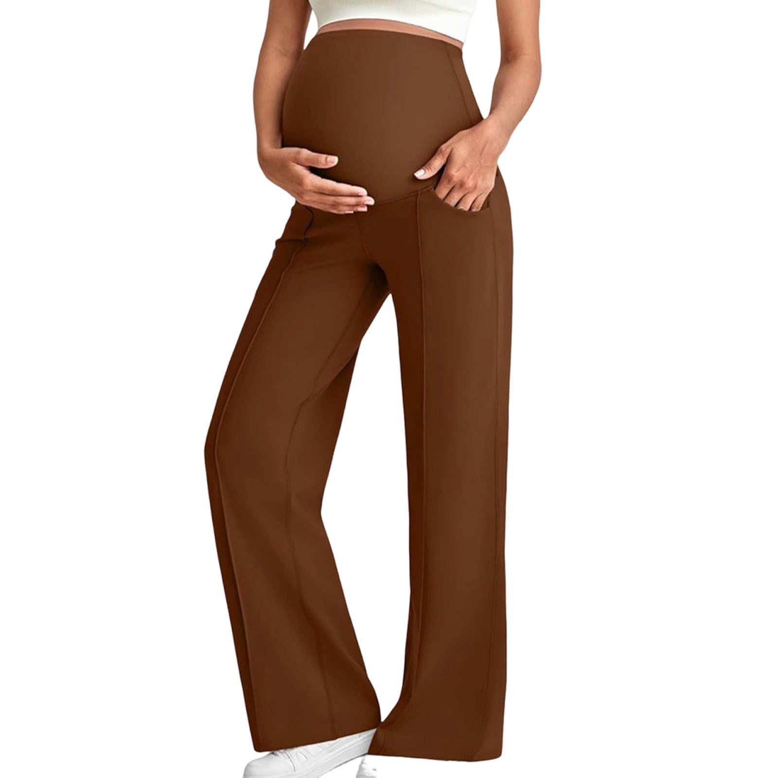 brown maternity dress pants Qqamb Yoga with Pockets Over The Belly Stretchy Work Slack Pregnancy Wide Leg Lounge Trousers Coffee M, Women's, Size: Medium textured rib fabric