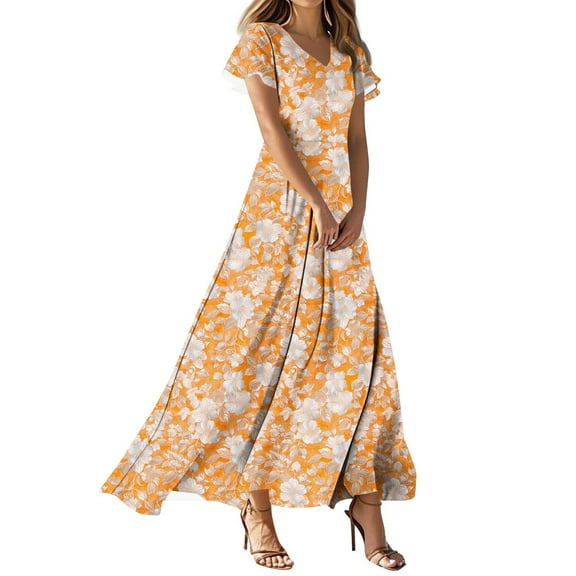 QQAMB Maxi Dresses for Seniors Women Floral Short Sleeve V-Neck Swing Summer Casual Boho Long Dress Trendy Flowy Sundress Multicolor M