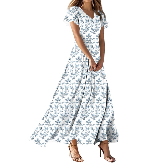 DeHolifer Maxi Dresses for Seniors Women Floral Short Sleeve V-Neck Swing Summer Casual Boho Long Dress Trendy Flowy Sundress Multicolor S