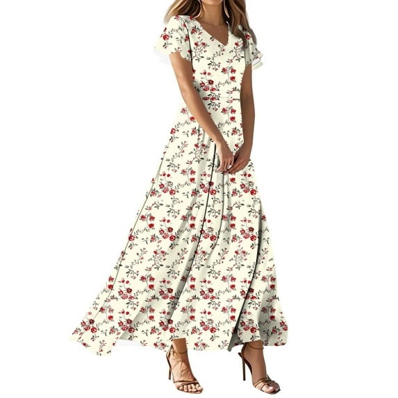 QQAMB Maxi Dresses for Seniors Women Floral Short Sleeve V-Neck Swing Summer Casual Boho Long Dress Trendy Flowy Sundress Multicolor XL