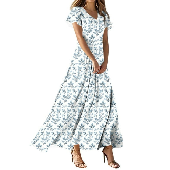 QQAMB Maxi Dresses for Seniors Women Floral Short Sleeve V-Neck Swing Summer Casual Boho Long Dress Trendy Flowy Sundress Multicolor XL