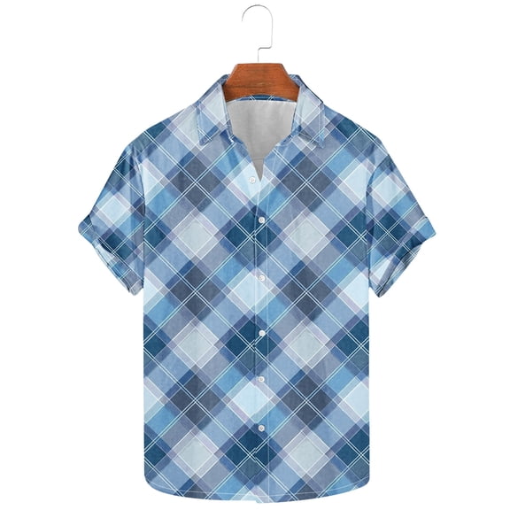 QQAMB Men's Plaid Short Sleeve Shirts Casual Button Down Collared T-Shirts Lightweight Summer Beach Vacation Shirts for Men Blue M