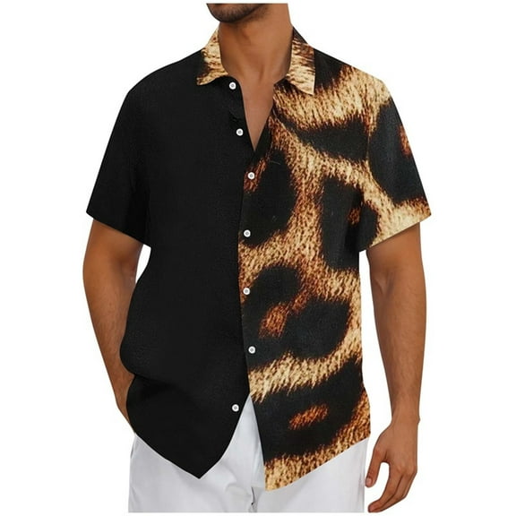 QQAMB Men's Shirts Button Down Lapel Collar Leopard Print Short Sleeve Shirt Trendy Hawaiian Shirts Summer Casual Vacation Tops Khaki L