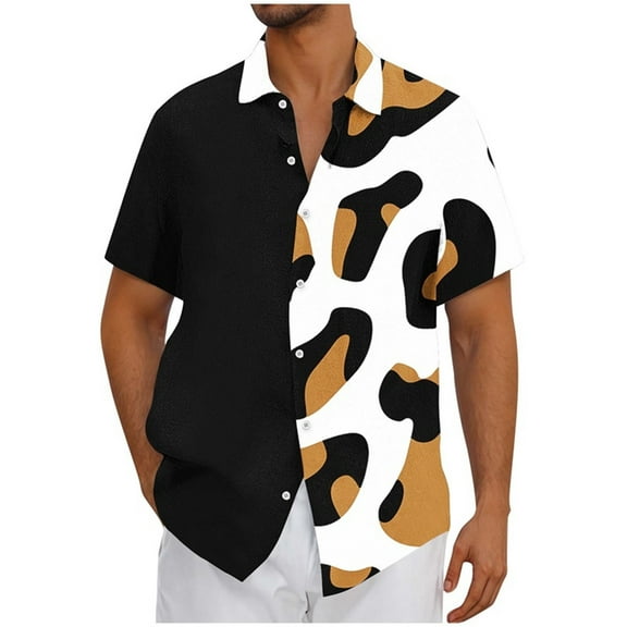 QQAMB Men's Shirts Button Down Lapel Collar Leopard Print Short Sleeve Shirt Trendy Hawaiian Shirts Summer Casual Vacation Tops Khaki XL