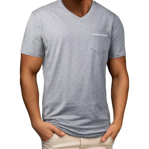 QQAMB Men's T-Shirts Color Block Pullover V-Neck Short Sleeve Tee Shirts with Pocket Gray L