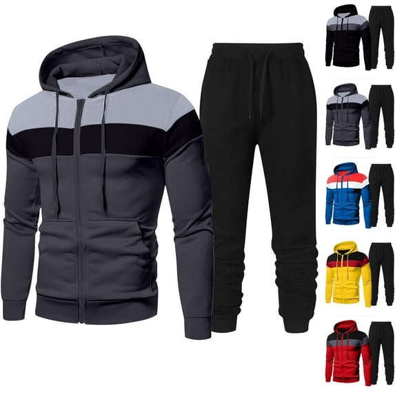 QQAMB Men's Tracksuits Color Block Drawstring Hoodies Sweatshirts and Jogger Pants 2 Piece Athletic Sweatsuits