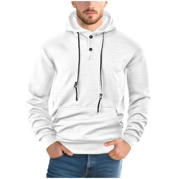 QQAMB Mens Hoodies Pullover Plaid Jacquard Long Sleeve Drawstring Casual Hooded Sweatshirts with Kanga Pockets White S