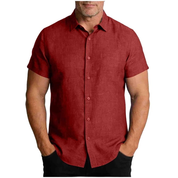 QQAMB Mens Shirts Plus Size Button Down Short Sleeve Casual Shirts Summer Beach Shirts with Pocket Wine L