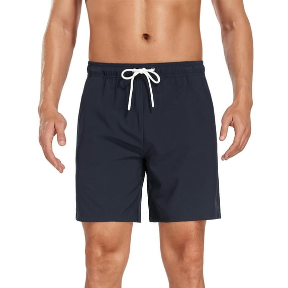 QQAMB Mens Swim Trunks Plus Size Lightweight Solid Color Drawstring Swim Shorts Quick Dry Swimsuit Trunks Navy 2XL