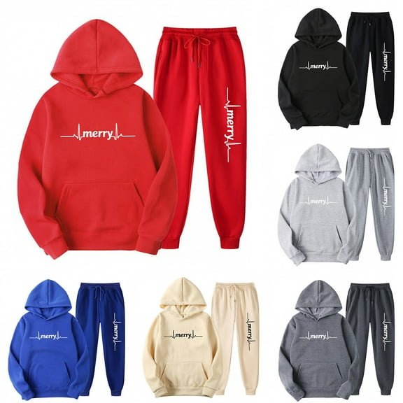 QQAMB Merry Christmas Sweatsuits for Women Funny Xmas Graphic Long Sleeve Hooded Sweatshirts Jogger Trouser Matching Set