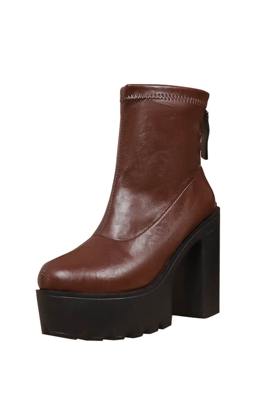 Mid Calf Boots with Thick Sole Solid Color Thick Heel High Heels Round Toe for Casual Outdoor
