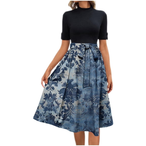 QQAMB Midi Dresses for Women Floral Printed Short Sleeve Long Dresses High Waist Crewneck Dress Summer Empire Waist Dress Navy L