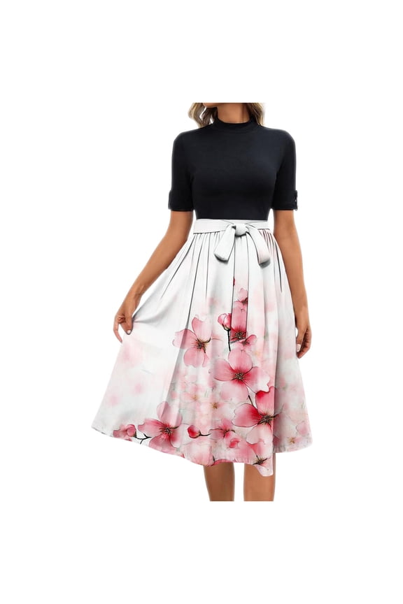 Midi Dresses for Women Floral Printed Short Sleeve Long Dresses High Waist Crewneck Dress Summer Empire Waist Dress Pink L