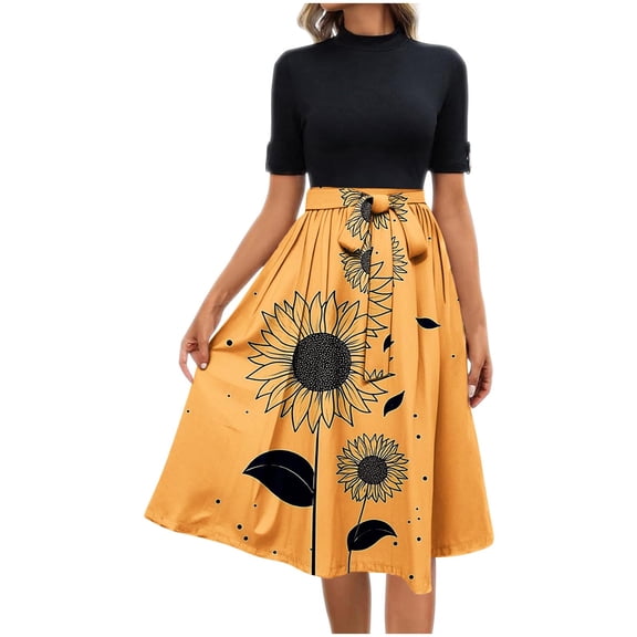QQAMB Midi Dresses for Women Floral Printed Short Sleeve Long Dresses High Waist Crewneck Dress Summer Empire Waist Dress Yellow M