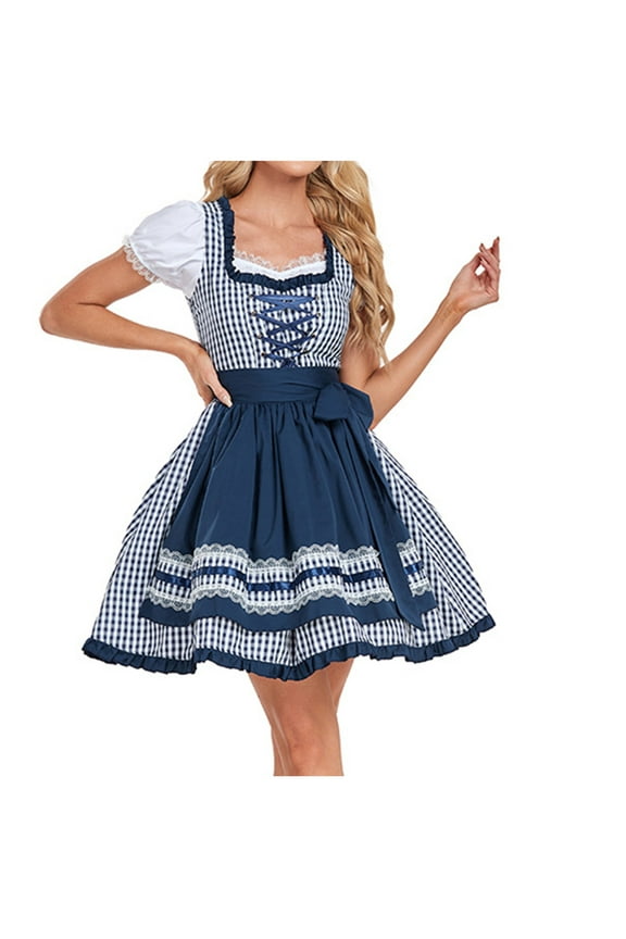Oktoberfest Womens Dresses Cotton Party A-Line Swing Dirndl German Bavarian Dresses for Halloween Carnival Blue S