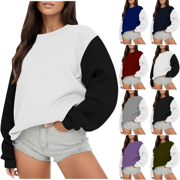 QQAMB Oversized Sweatshirts for Women Color Block Crewneck Long Sleeve Fall Winter Trendy Pullover Tops