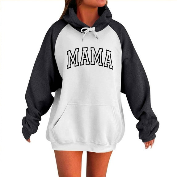 QQAMB Oversized Sweatshirts for Women Mama Letter Printed Drawstring Fall Winter Trendy Hoodies Sweatshirts with Pocket Black 3XL