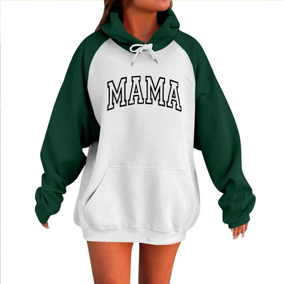 QQAMB Oversized Sweatshirts for Women Mama Letter Printed Drawstring Fall Winter Trendy Hoodies Sweatshirts with Pocket Green L