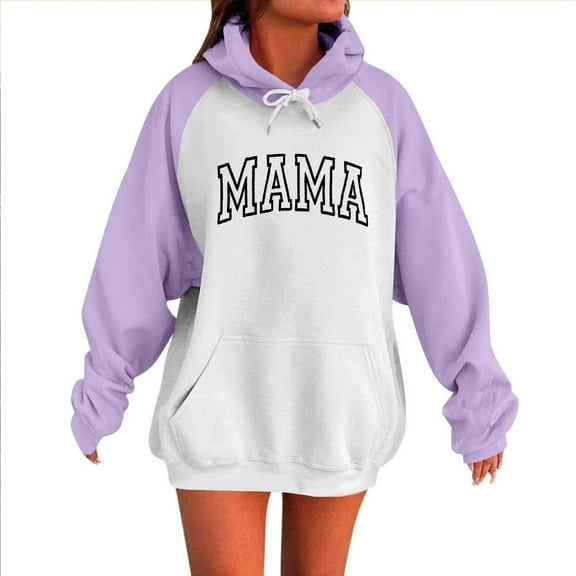QQAMB Oversized Sweatshirts for Women Mama Letter Printed Drawstring Fall Winter Trendy Hoodies Sweatshirts with Pocket Purple 3XL