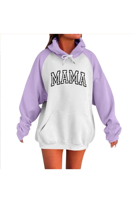 Oversized Sweatshirts for Women Mama Letter Printed Drawstring Fall Winter Trendy Hoodies Sweatshirts with Pocket Purple XL