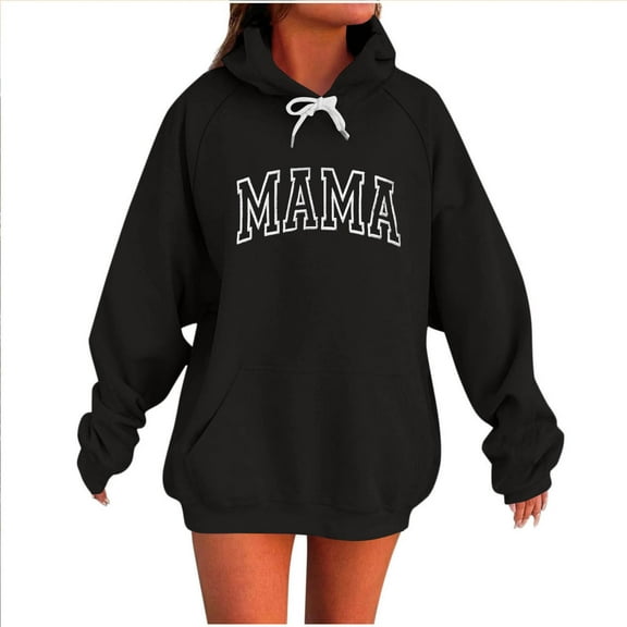 QQAMB Oversized Sweatshirts for Women Mama Letter Printed Drawstring Hoodies Sweatshirts with Pocket Black 2XL