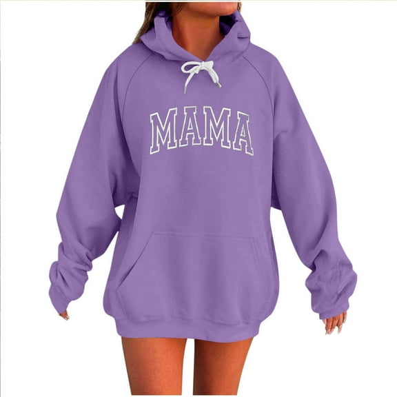 QQAMB Oversized Sweatshirts for Women Mama Letter Printed Drawstring Hoodies Sweatshirts with Pocket Purple XL