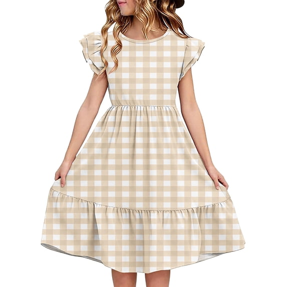 DeHolifer Plaid Print Dresses for Girls Crewneck Flowy Party Midi Dresses Ruffle Short Sleeve Vacation Sundress for 5-14 Years