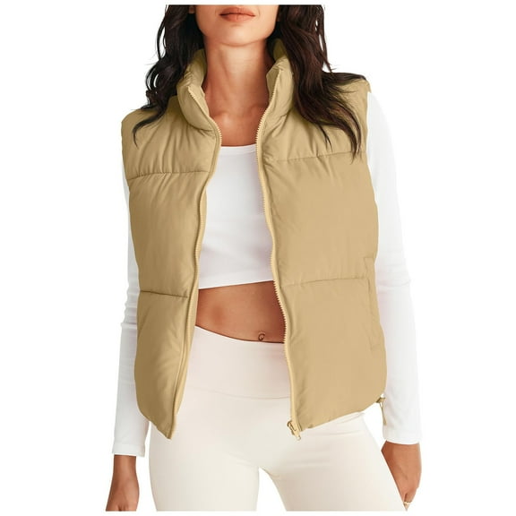 QQAMB Puffer Vest for Women Fall Winter Sleeveless Jackets Lightweight Warm Stand Collar Quilted Zip Up Coat Khaki M