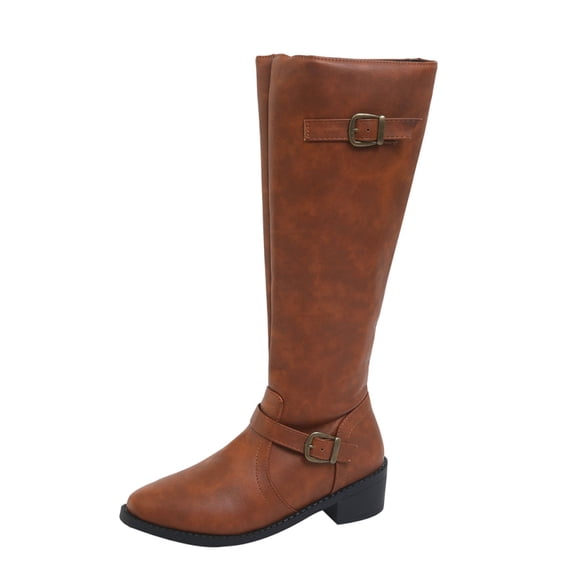 QQAMB Riding Boots for Women Side Zipper Faux Leather Boot Round Toe Motorcycle Shoes Low Heel Trendy Shoe