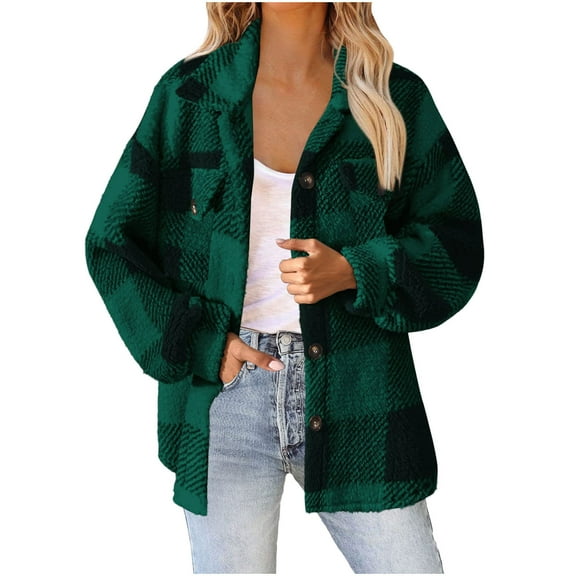 QQAMB Shackets for Women Fuzzy Fleece Jacket Zip Up Lapel Collar Plaid Jackets Plus Size Fall Winter Sherpa Outerwear Green XL