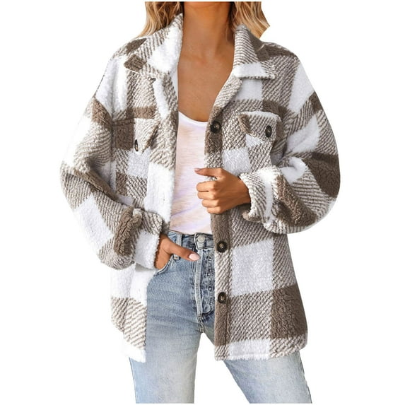 QQAMB Shackets for Women Fuzzy Fleece Jacket Zip Up Lapel Collar Plaid Jackets Plus Size Fall Winter Sherpa Outerwear Khaki S