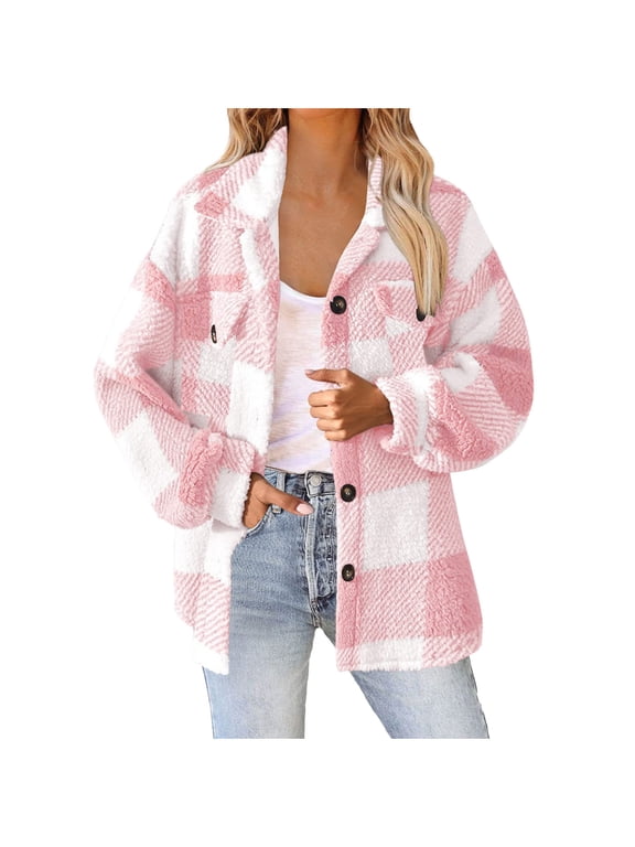 Shackets for Women Fuzzy Fleece Jacket Zip Up Lapel Collar Plaid Jackets Plus Size Fall Winter Sherpa Outerwear Pink XL