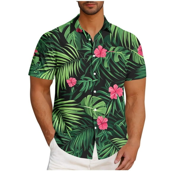 QQAMB Shirts for Men Plus Size Button Down Novelty Floral Printed Summer Beach Shirt Plus Size Trendy Short Sleeve Blouse Army Green XL