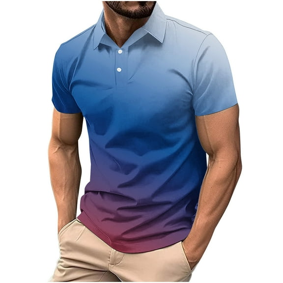 QQAMB Shirts for Men Plus Size Gradient Button Down Summer Turndown Collar Shirts Business Work Tunic Blouse Blue 2XL