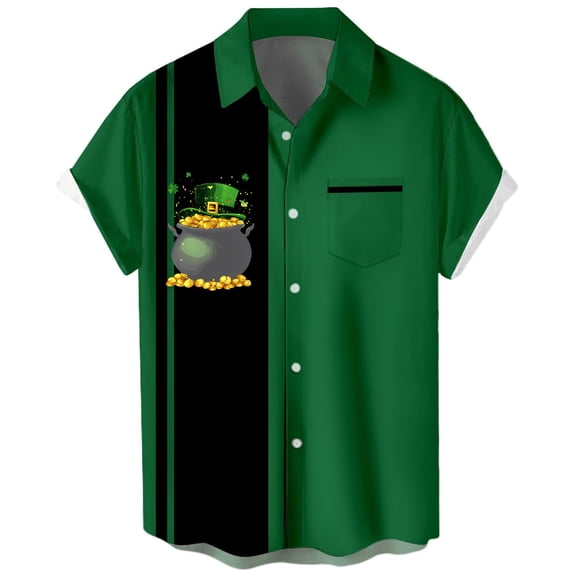 QQAMB Shirts for Men St Patricks Day Hawaiian Bowling Short Sleeve Shamrock Printed Regular Beach Button Down Shirts Green L