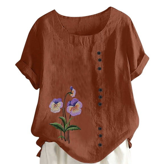 QQAMB Shirts for Women Plus Size Button Down Linen Oversized Floral Printed Short Sleeve Gauze Tops Loose Blouses Brown L