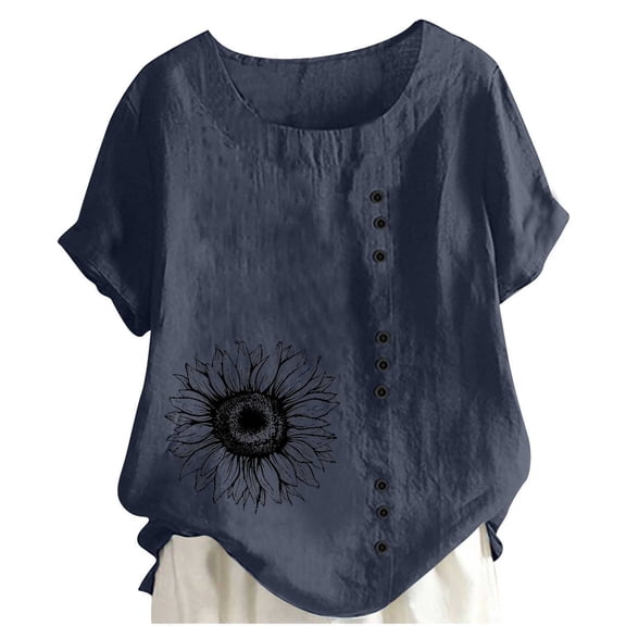 QQAMB Shirts for Women Plus Size Button Down Linen Oversized Floral Printed Short Sleeve Gauze Tops Loose Blouses Navy XL
