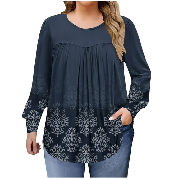 QQAMB Shirts for Women Plus Size Fall Dressy Casual Blouses Trendy Pleated Floral Printed Long Sleeve Tunic Tops