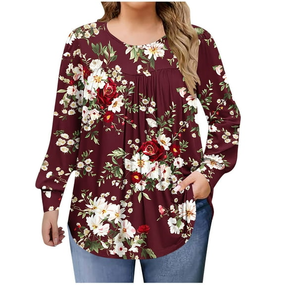 QQAMB Shirts for Women Plus Size Fall Dressy Casual Blouses Trendy Pleated Floral Printed Long Sleeve Tunic Tops