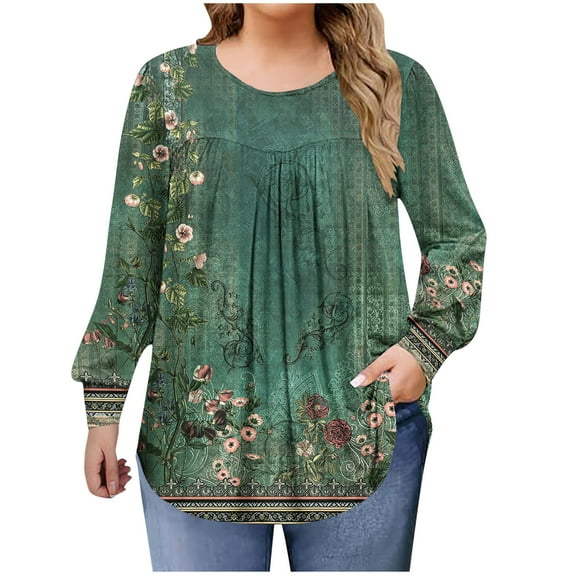 QQAMB Shirts for Women Plus Size Fall Dressy Casual Blouses Trendy Pleated Floral Printed Long Sleeve Tunic Tops