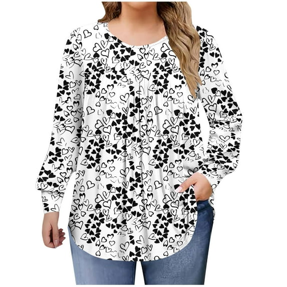 QQAMB Shirts for Women Plus Size Fall Dressy Casual Blouses Trendy Pleated Floral Printed Long Sleeve Tunic Tops