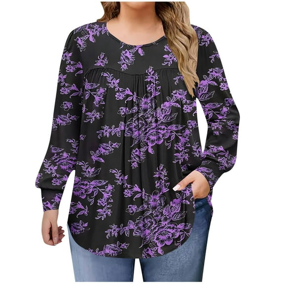 QQAMB Shirts for Women Plus Size Fall Dressy Casual Blouses Trendy Pleated Floral Printed Long Sleeve Tunic Tops