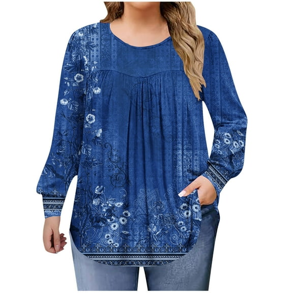 QQAMB Shirts for Women Plus Size Fall Dressy Casual Blouses Trendy Pleated Floral Printed Long Sleeve Tunic Tops