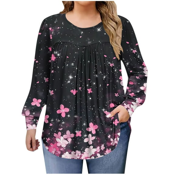QQAMB Shirts for Women Plus Size Fall Dressy Casual Blouses Trendy Pleated Floral Printed Long Sleeve Tunic Tops