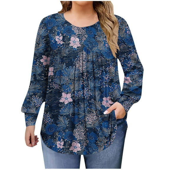 QQAMB Shirts for Women Plus Size Fall Dressy Casual Blouses Trendy Pleated Floral Printed Long Sleeve Tunic Tops