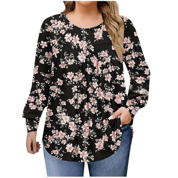 QQAMB Shirts for Women Plus Size Fall Dressy Casual Blouses Trendy Pleated Floral Printed Long Sleeve Tunic Tops