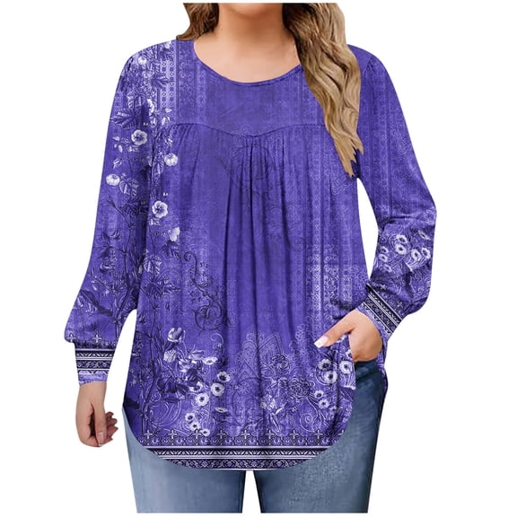 QQAMB Shirts for Women Plus Size Fall Dressy Casual Blouses Trendy Pleated Floral Printed Long Sleeve Tunic Tops